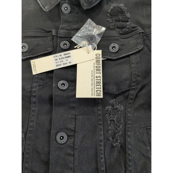 KDNK Men's Black Trucker Jean Jacket Orange Reflective Accents KN05041 Size S - Picture 10 of 13